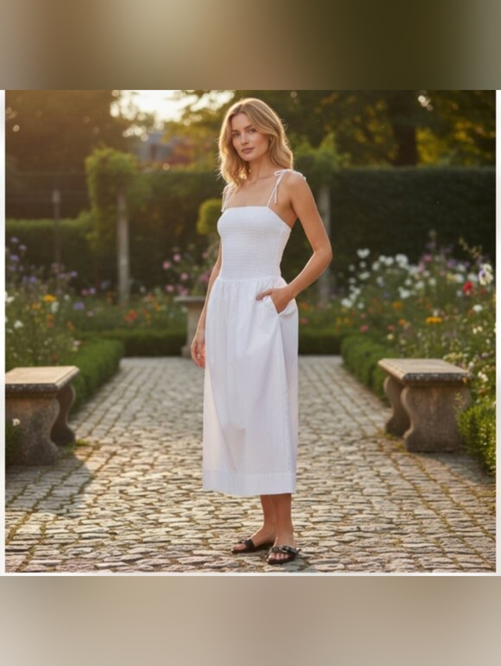 Size M  ASTR White Smocked Midi Dress with Tie Straps RETAIL 138$